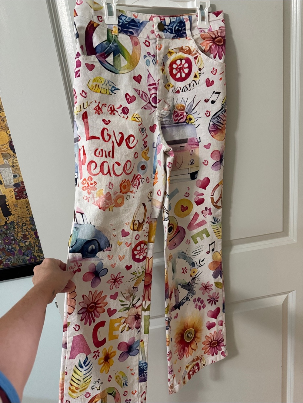 Love White Boot Cut Pants with Multicolor Peace & Flower Print
